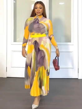2023 Африканский женский костюм Модный Вафельный топ с длинным рукавом Элегантная Плиссированная юбка Комплект из двух предметов Женский Весенне Осенний эластичный наряд