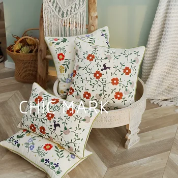 Ins Чехол для подушки с цветочной вышивкой, хлопчатобумажный холст, декоративная наволочка в деревенском стиле для роскошного домашнего декора в гостиной