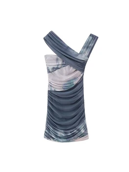 TRAF 2023 Новые асимметричные платья из тюля с принтом Для женщин, летняя мода, женский уникальный дизайн воротника, сексуальное тонкое плиссированное мини-платье