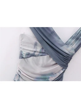 TRAF 2023 Новые асимметричные платья из тюля с принтом Для женщин, летняя мода, женский уникальный дизайн воротника, сексуальное тонкое плиссированное мини-платье