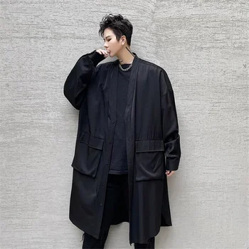 Большие карманы Черная рубашка Оверсайз Мужская Японская мода Harajuku Длинные рубашки С разрезом сбоку Повседневная Уличная одежда Блузка для мужчин