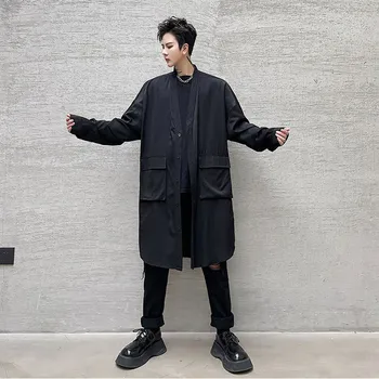 Большие карманы Черная рубашка Оверсайз Мужская Японская мода Harajuku Длинные рубашки С разрезом сбоку Повседневная Уличная одежда Блузка для мужчин