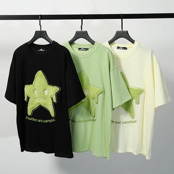 Винтажное хлопчатобумажное полотенце с вышивкой в виде звезды, свободная футболка с короткими рукавами, мужская летняя мода