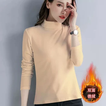 Женская футболка хорошего качества с высоким ворсистым воротником, теплая приталенная двойная бархатная теплая зимняя футболка с длинным рукавом, теплые нижние футболки, топ