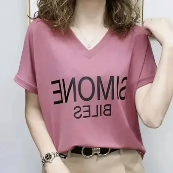 Женские летние хлопковые футболки с V-образным вырезом и коротким рукавом с буквенным принтом, Повседневные простые топы в корейском стиле, Женская одежда 2023