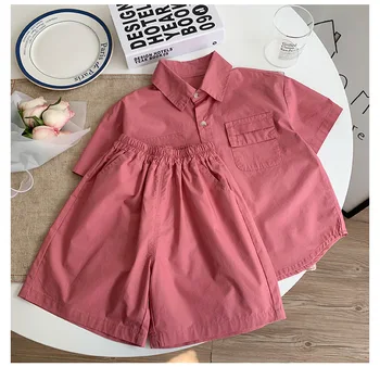 Комплекты летней модной розовой одежды для мальчиков, рубашка с коротким рукавом и шорты, комплекты из 2 предметов, детская одежда