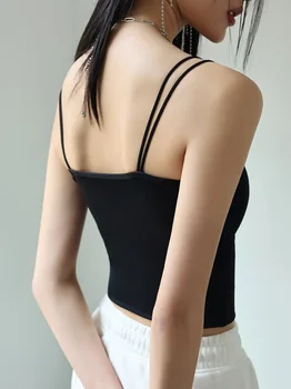 Летние женские укороченные топы, стильная Корейская черно-белая сексуальная майка без спинки с двойными плечевыми ремнями и подкладкой Harajuku C4894