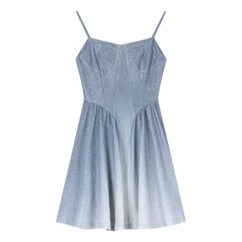 Летние синие платья для женщин Градиент 2023, шикарный слинг без спинки, модные подтяжки, простые элегантные платья для официальных мероприятий Y2K