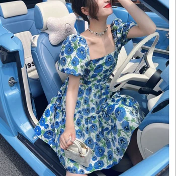 Мини-платья с синим принтом, лето 2023, для женщин, бохо, квадратный воротник, пышные рукава, открытые платья с цветочным рисунком, женское изящное дорожное платье