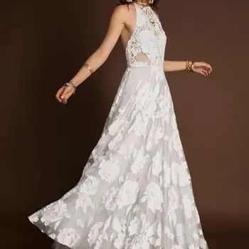 Простое свадебное платье Трапециевидной формы в стиле Бохо с воротником-хомутом, без рукавов, с открытой спиной, Свадебное платье, кружевное Длинное Женское платье по индивидуальному заказу SWD638