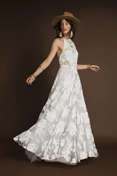 Простое свадебное платье Трапециевидной формы в стиле Бохо с воротником-хомутом, без рукавов, с открытой спиной, Свадебное платье, кружевное Длинное Женское платье по индивидуальному заказу SWD638