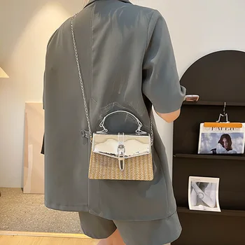 Роскошная дизайнерская женская сумка с цепочкой из соломы и искусственной кожи, модная сумка через плечо, маленькая сумка-тоут с клапаном, новинка лета 2023