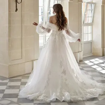 Свадебное платье трапециевидной формы с открытыми плечами, тюлевые свадебные платья в пол с пышными рукавами для женщин, принцесса