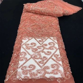 Тюлевая сетка, Африканская кружевная ткань, расшитое бисером кружево 2023, высококачественные розовые ткани с пайетками в Нигерийском стиле для свадебного вечернего платья hs-0440