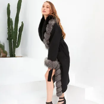 Черное длинное пальто из смесовой натуральной шерсти С поясом, манжеты с отворотами из натурального лисьего меха, женское шерстяное пальто в тонком стиле, Элегантное женское пальто