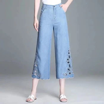 Эластичный пояс, легкие тонкие, слегка расклешенные широкие брюки, женская летняя джинсовая ткань Cool Ice Silk, тонкие джинсы с вышивкой для женских брюк