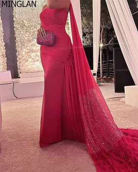 Элегантное вечернее платье MINGLAN без бретелек, расшитое перьями и блестками, без рукавов, длиной до пола, со шлейфом, модное вечернее платье для выпускного вечера, новинка 2023 года